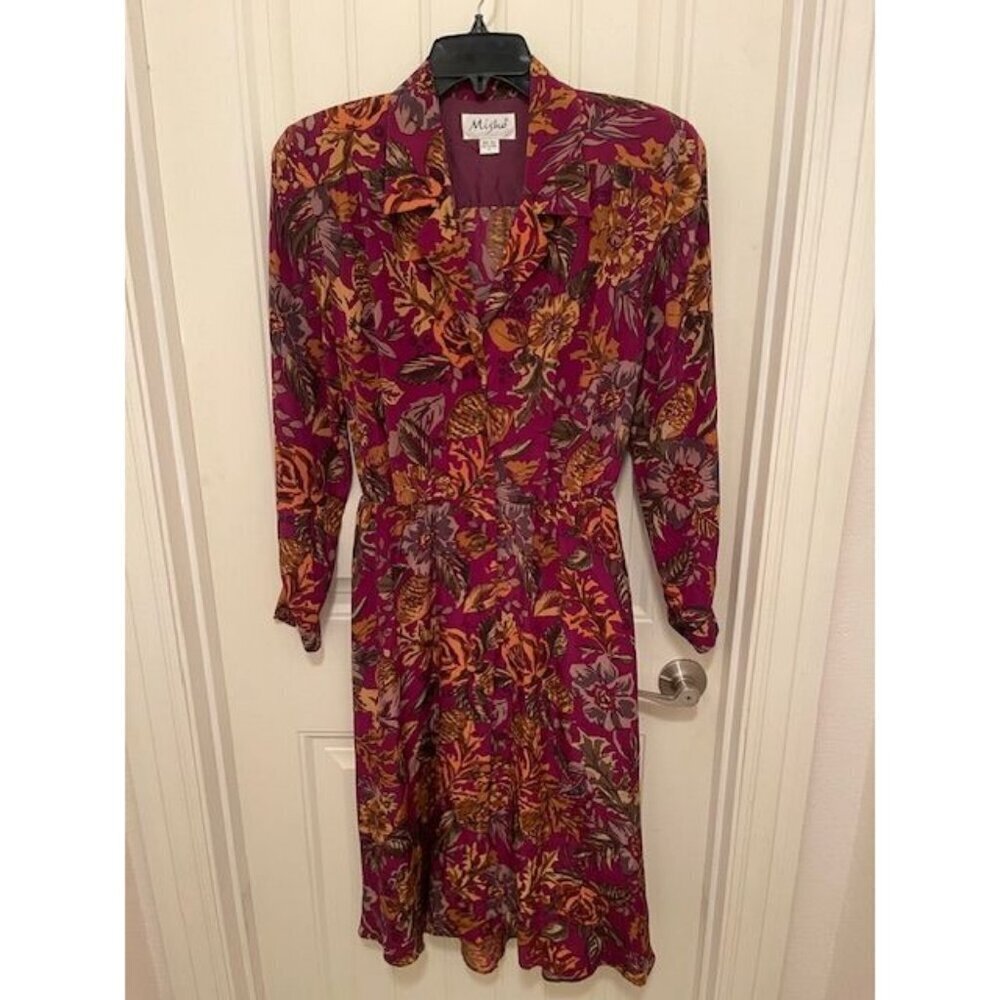 Vintage Misho Floral Silk Dress Long Sleeve Button Cuffs women's Size 8‎